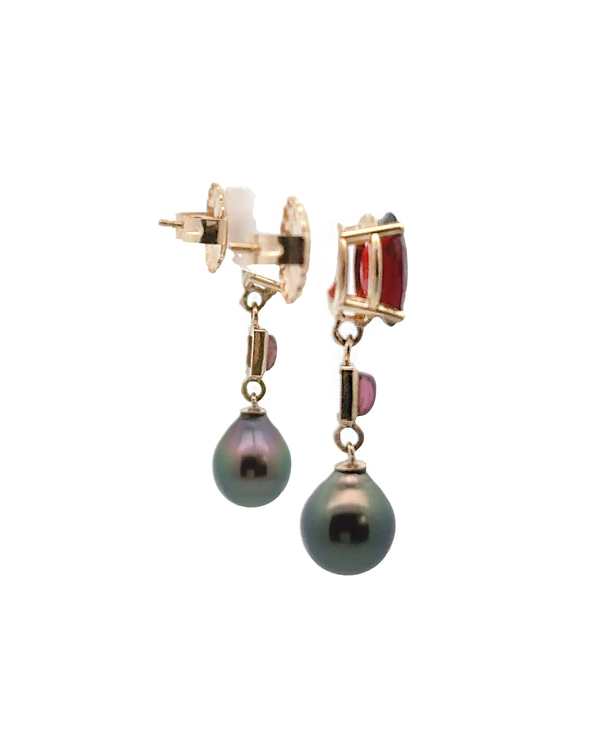 14K Yellow Gold Garnet, Pink Tourmaline and Black Pearl Earrings