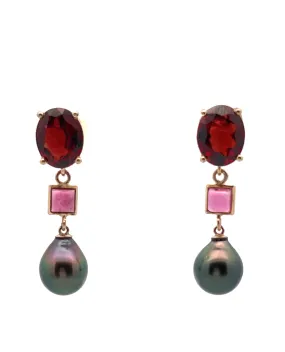 14K Yellow Gold Garnet, Pink Tourmaline and Black Pearl Earrings