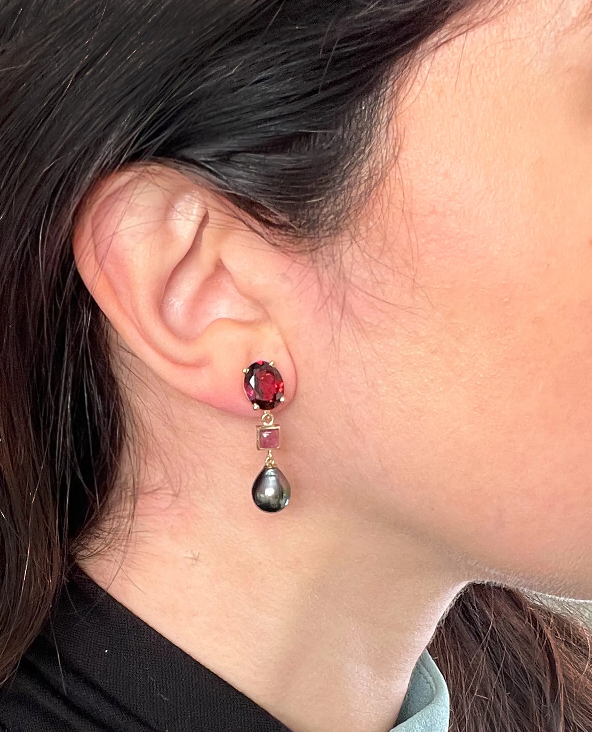 14K Yellow Gold Garnet, Pink Tourmaline and Black Pearl Earrings