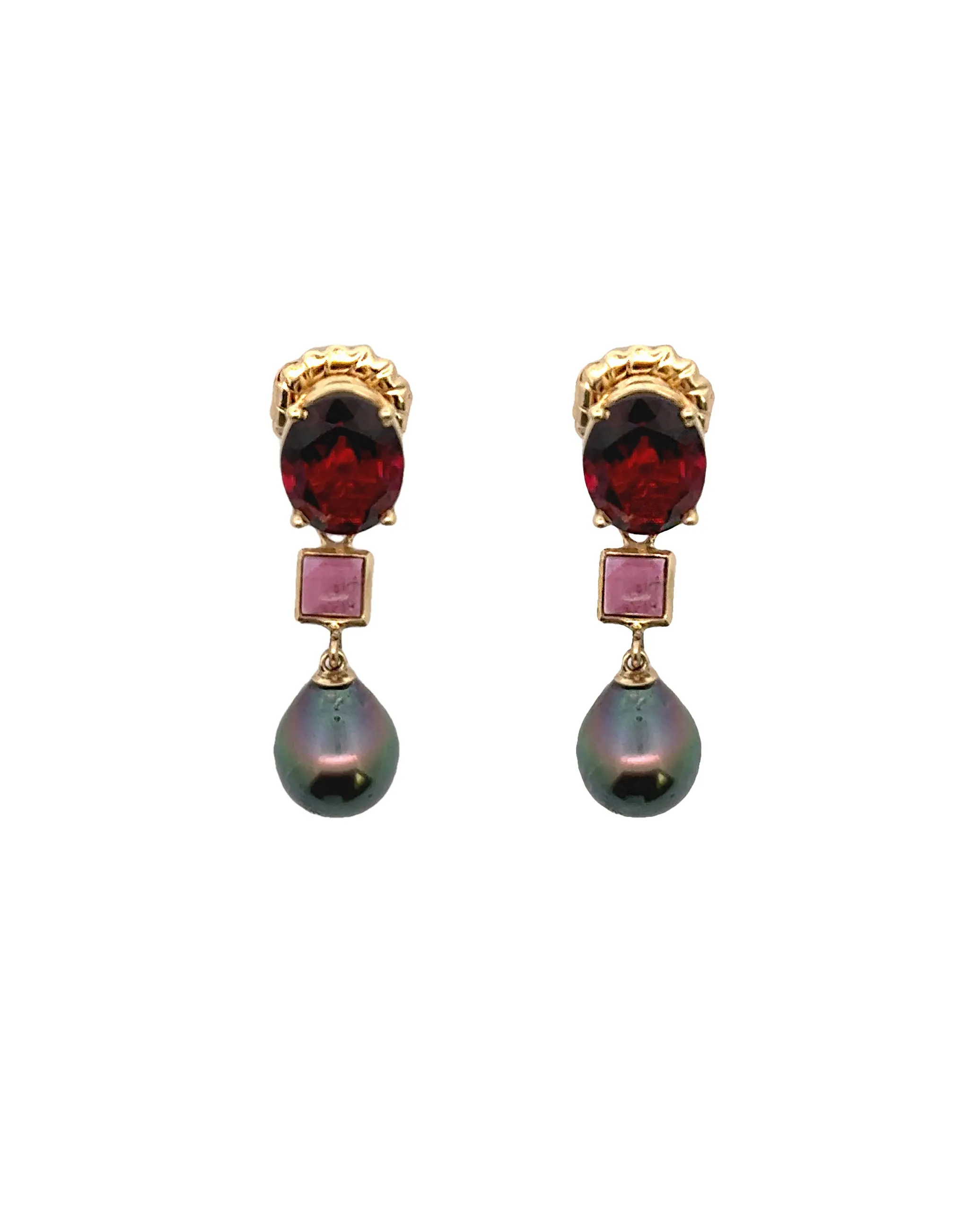 14K Yellow Gold Garnet, Pink Tourmaline and Black Pearl Earrings