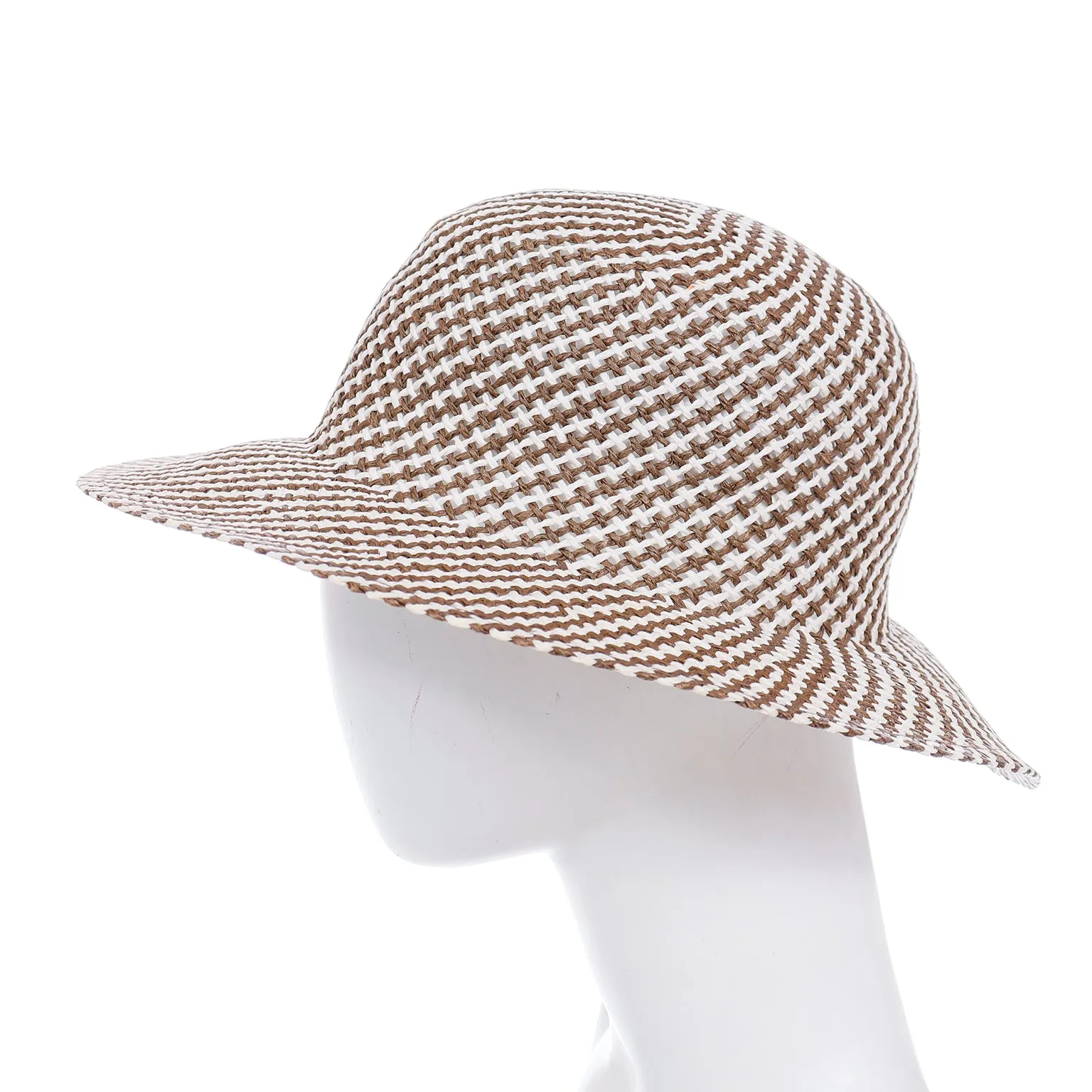 1990s Vintage Brown and White Patterned Woven Straw Hat