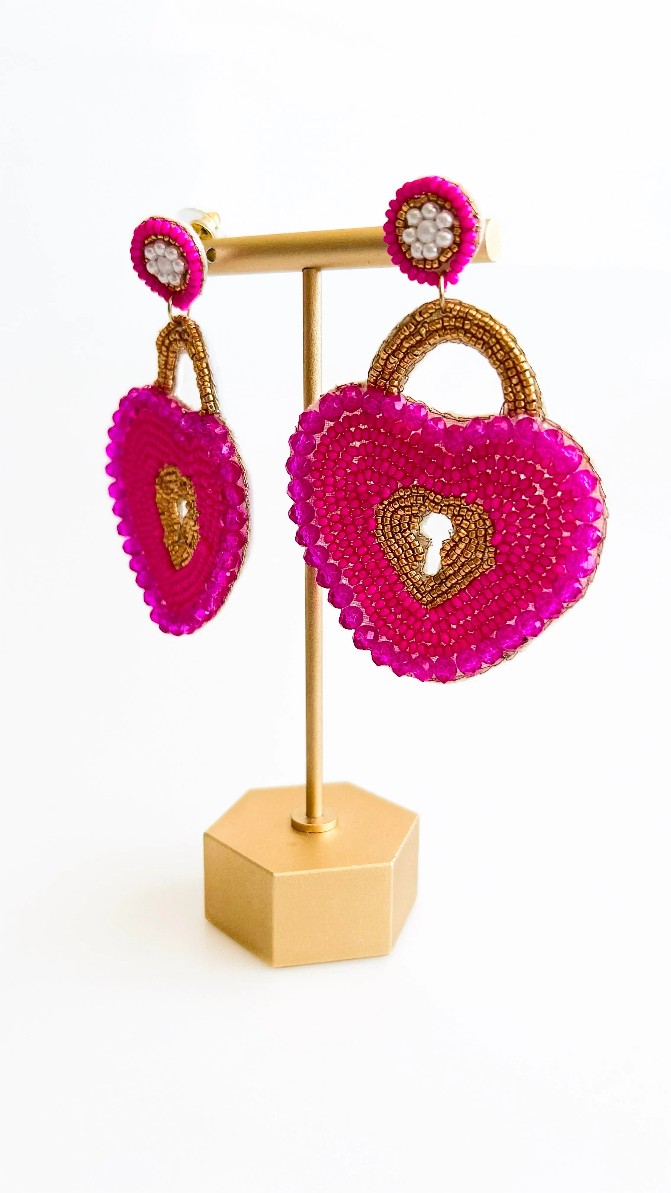 Beaded Heart Lock Earrings-Fuchsia