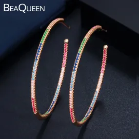 BeaQueen Creative Dubai Gold Color Round Shape Double Side Full Paved Colorful Cubic Zircon Big Circle Hoop Earring Jewelry E297