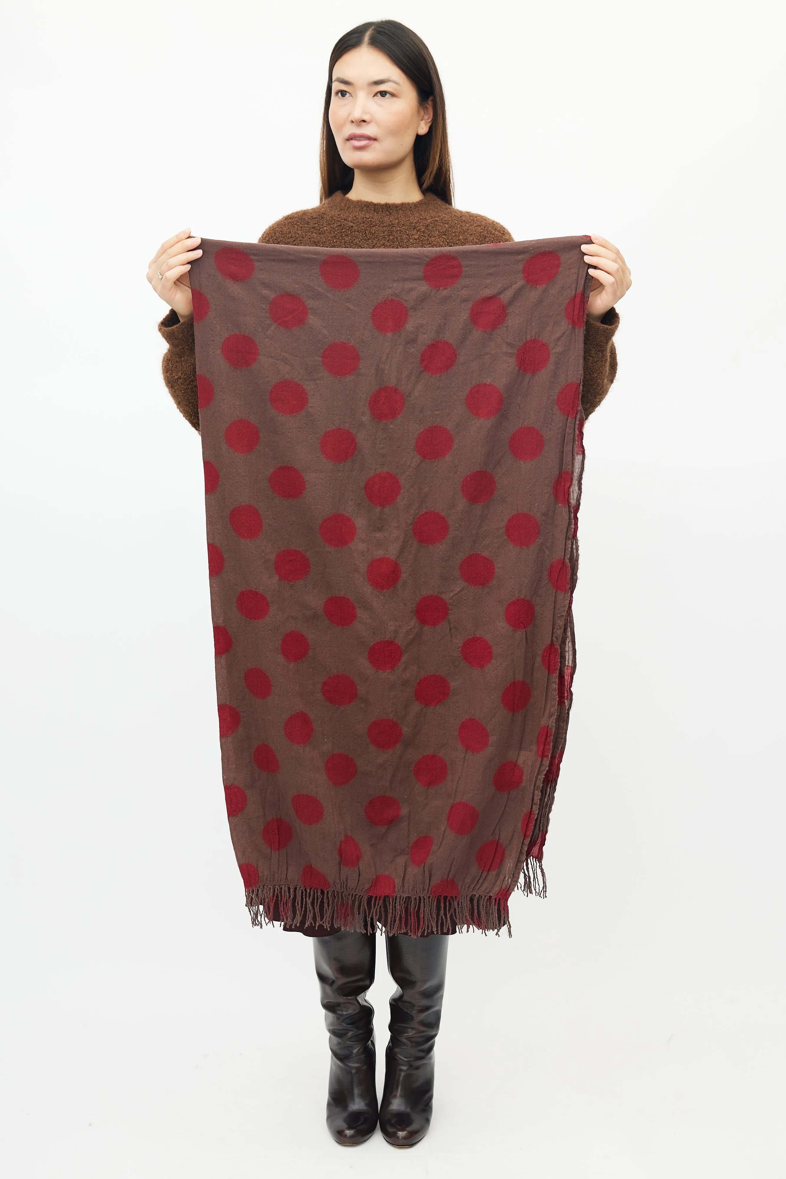 Brown & Red Polka Dot Wool Scarf