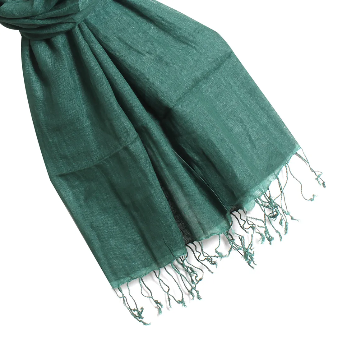 CONTEMPORARY SOLID GREEN LINEN FRINGE SCARF