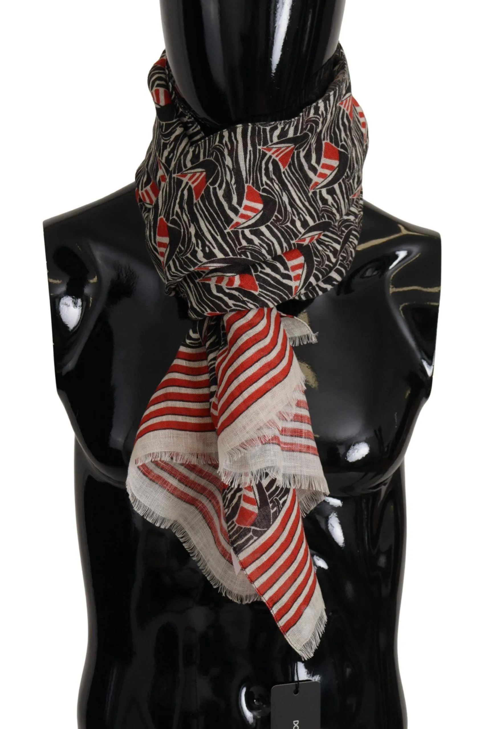 Dolce & Gabbana Black Red Linen Sailboat Stripe Print Shawl Scarf