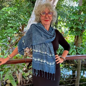 Elegant linen hand loomed indigo scarf with tassels