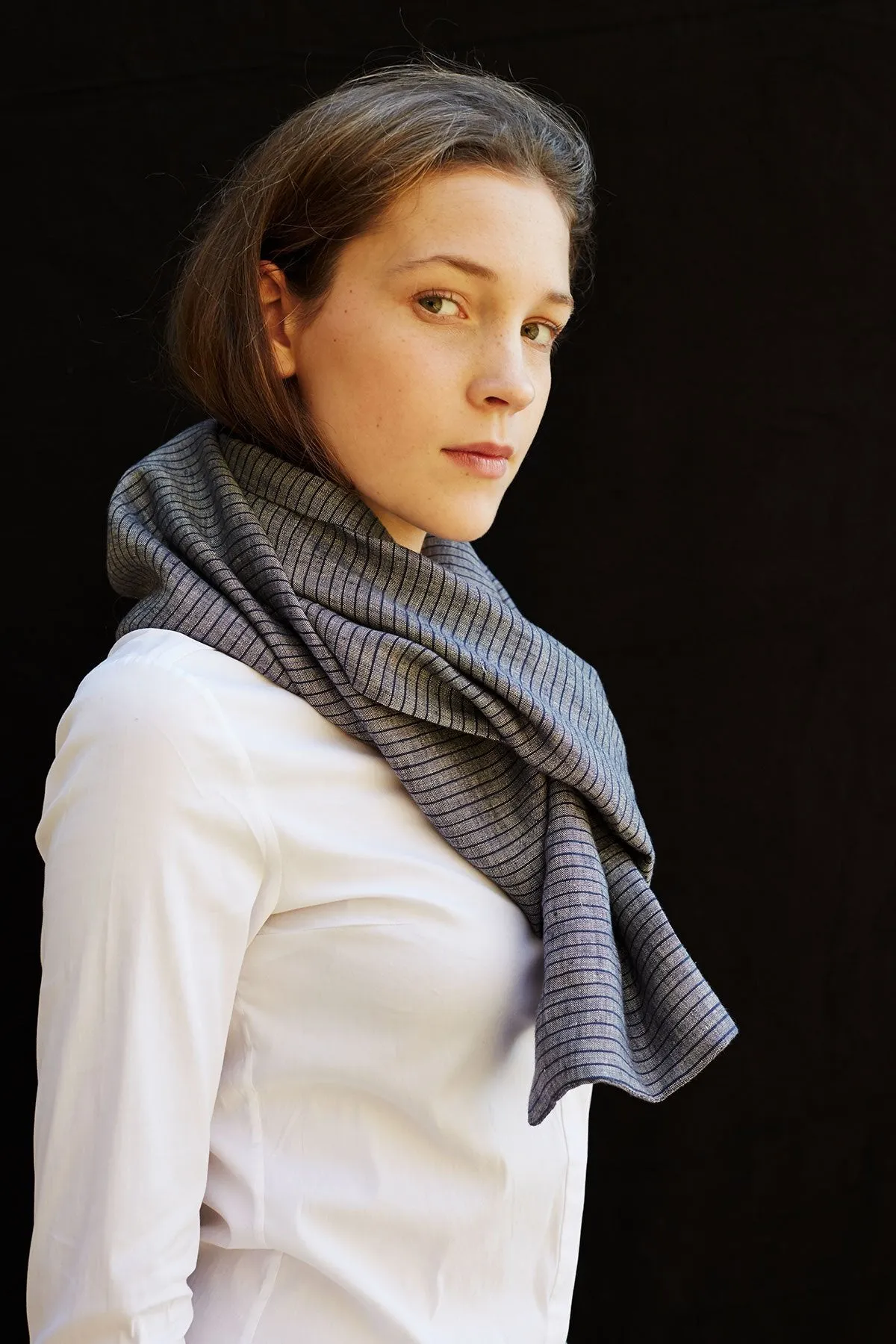 Fine Navy & Grey Stripe Linen Scarf