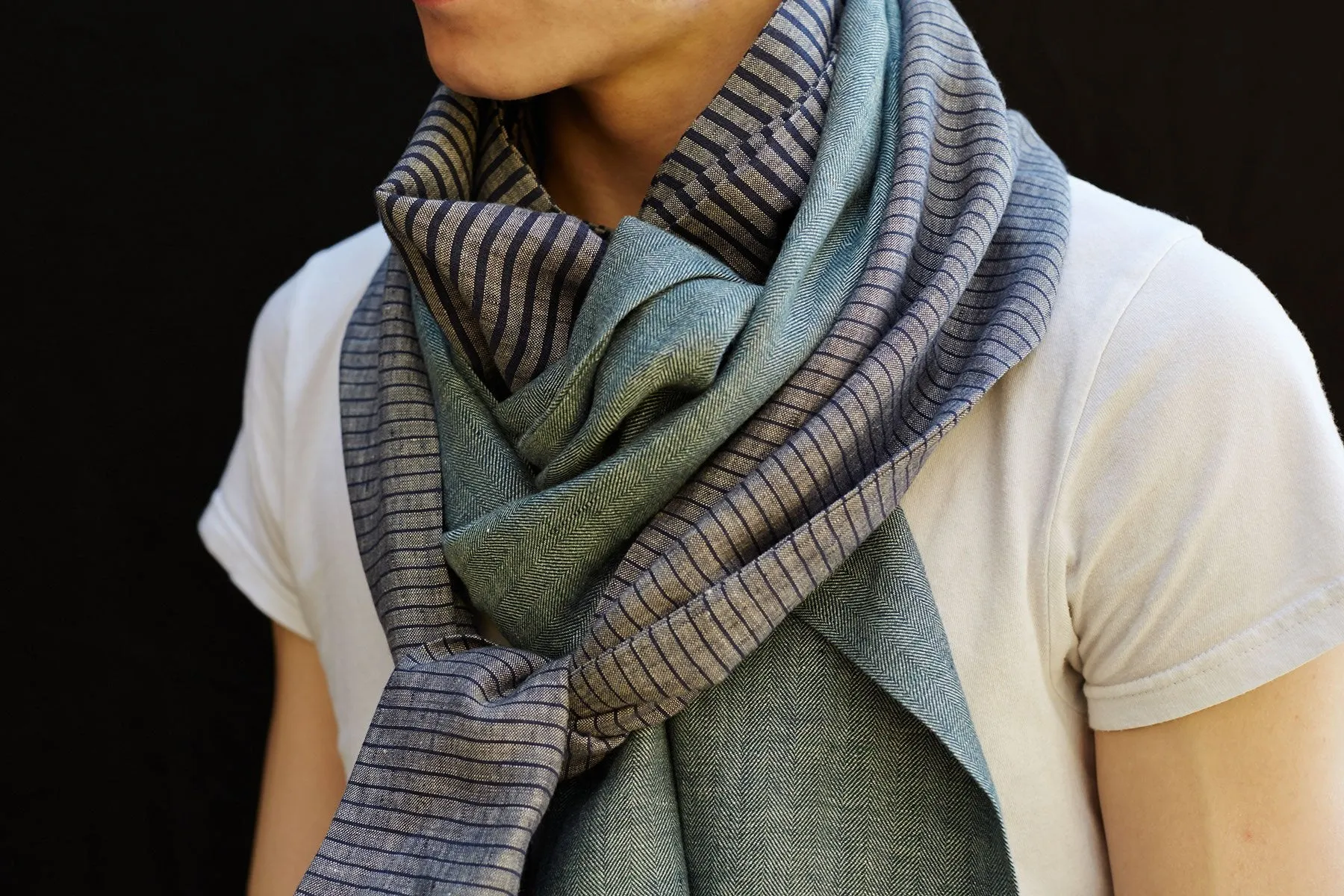 Fine Navy & Grey Stripe Linen Scarf