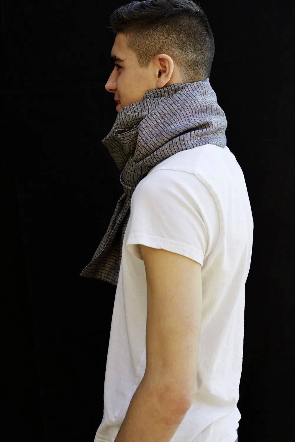 Fine Navy & Grey Stripe Linen Scarf