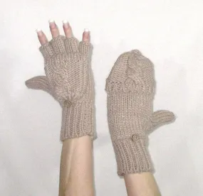 Flip Top Mittens Fingerless Gloves Beige Tan Cable Knit Texting Touch Screen Mittens Button Off And On