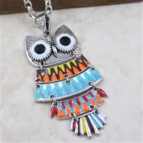 Fun Colorful Hoot Owl Pendant on  Aluminum Chain Necklace