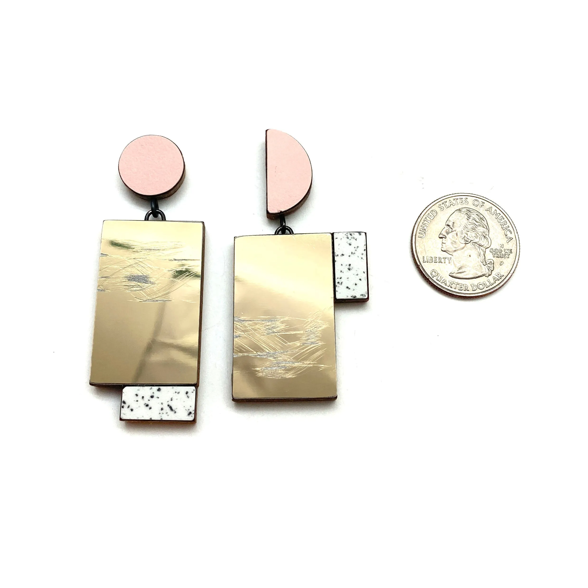 Geometric Earrings - Pink, Marble and Textured Gold