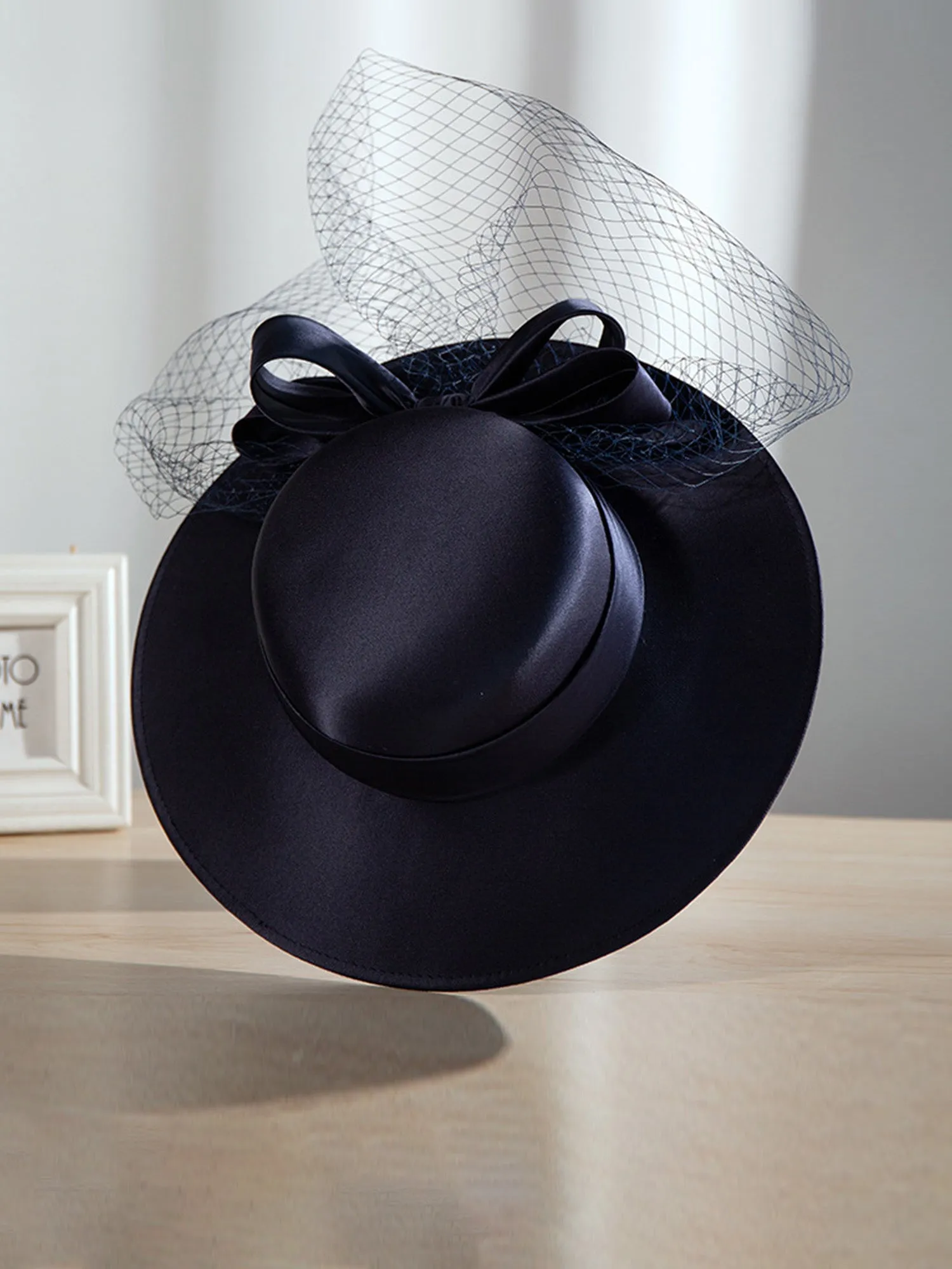 Graceful Dark Navy Mesh Veil Hat with Large Brim