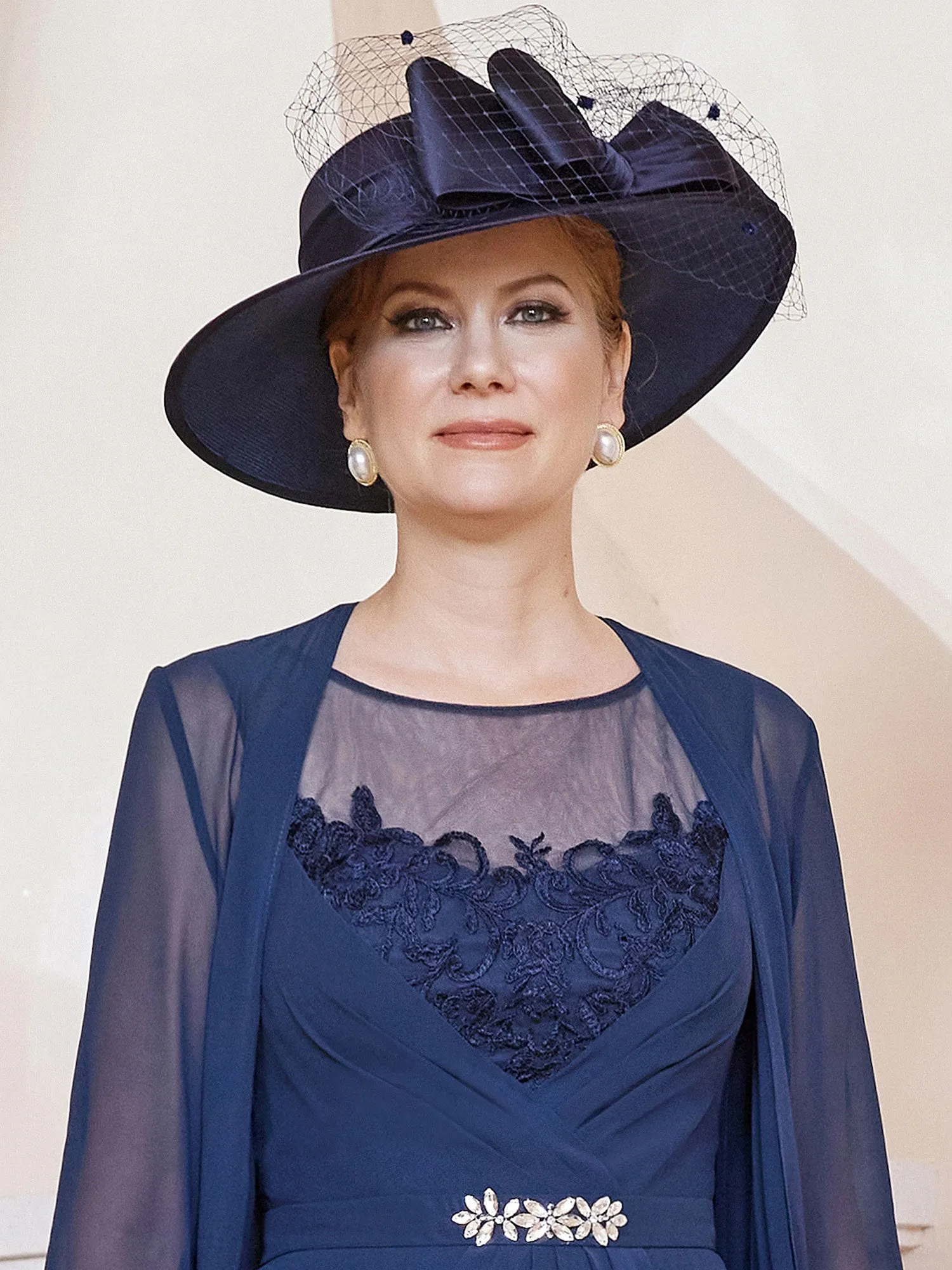 Graceful Dark Navy Mesh Veil Hat with Large Brim