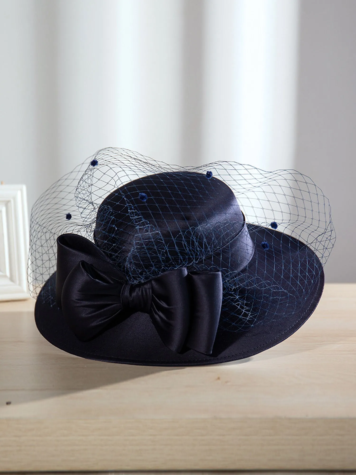 Graceful Dark Navy Mesh Veil Hat with Large Brim