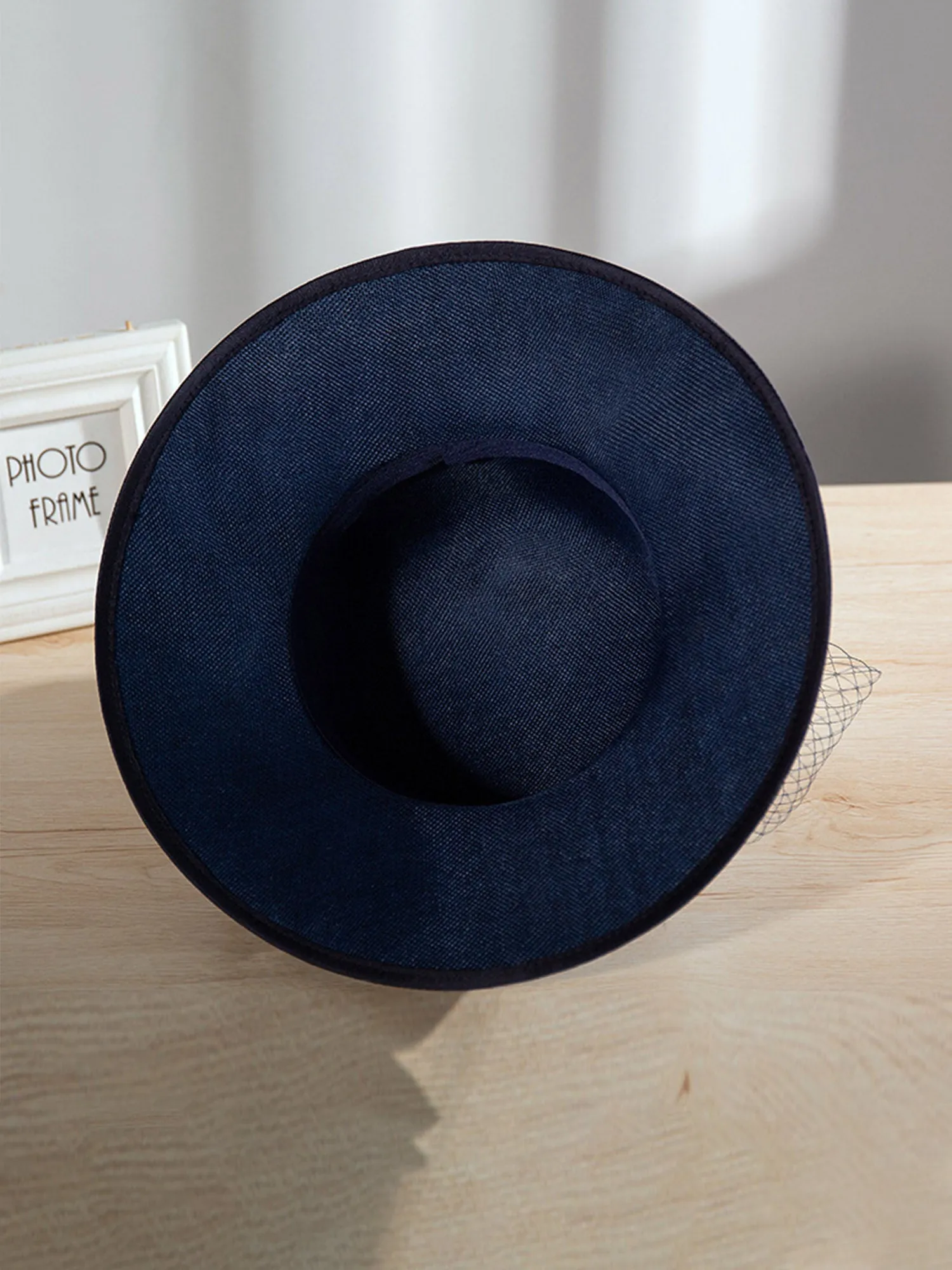 Graceful Dark Navy Mesh Veil Hat with Large Brim