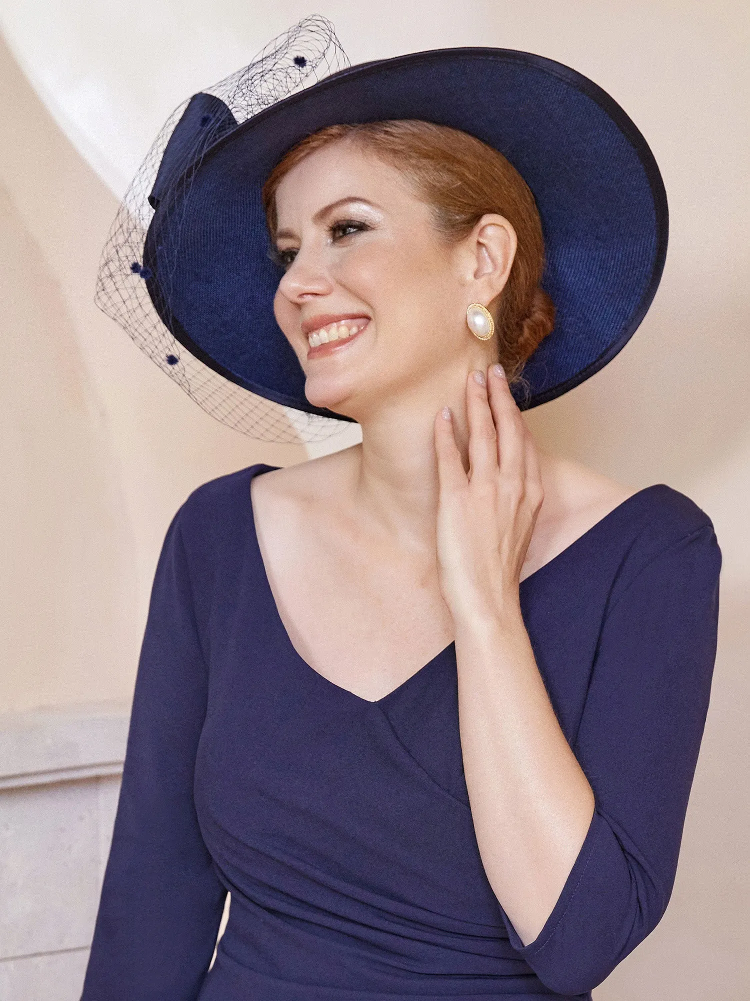 Graceful Dark Navy Mesh Veil Hat with Large Brim