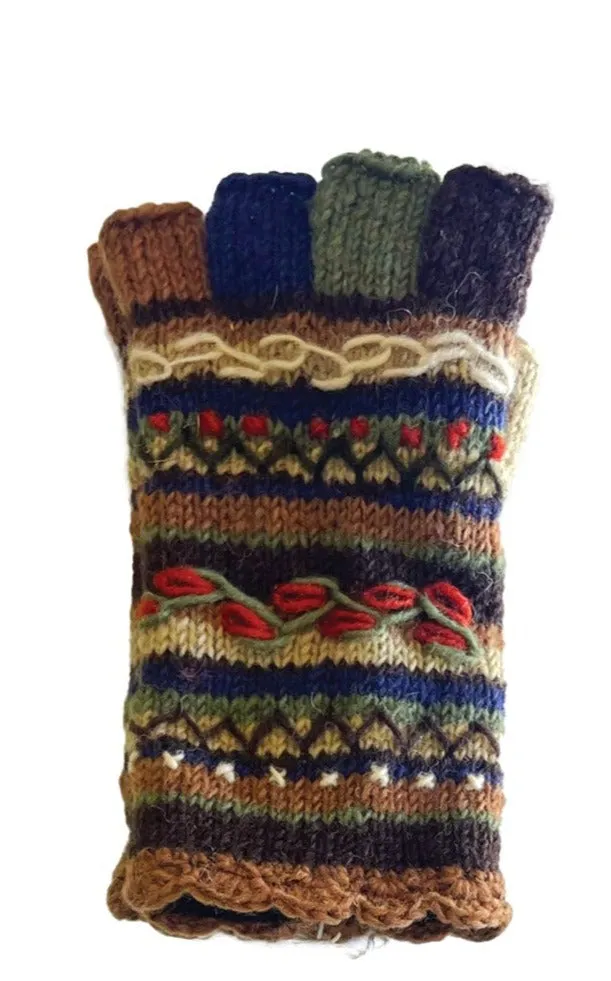 Knit Fingerless Gloves Striped Embroidery Details