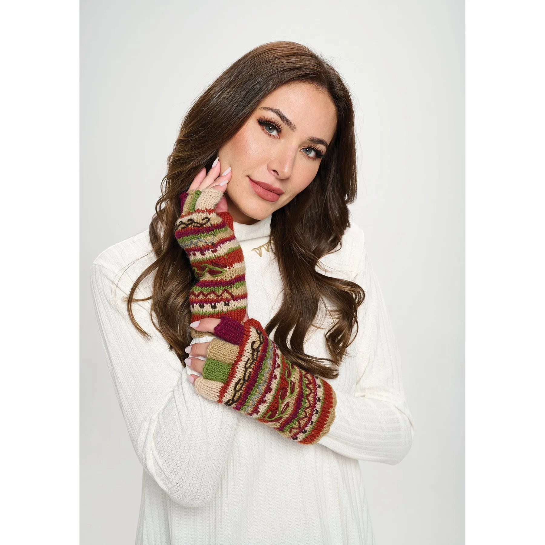 Knit Fingerless Gloves Striped Embroidery Details