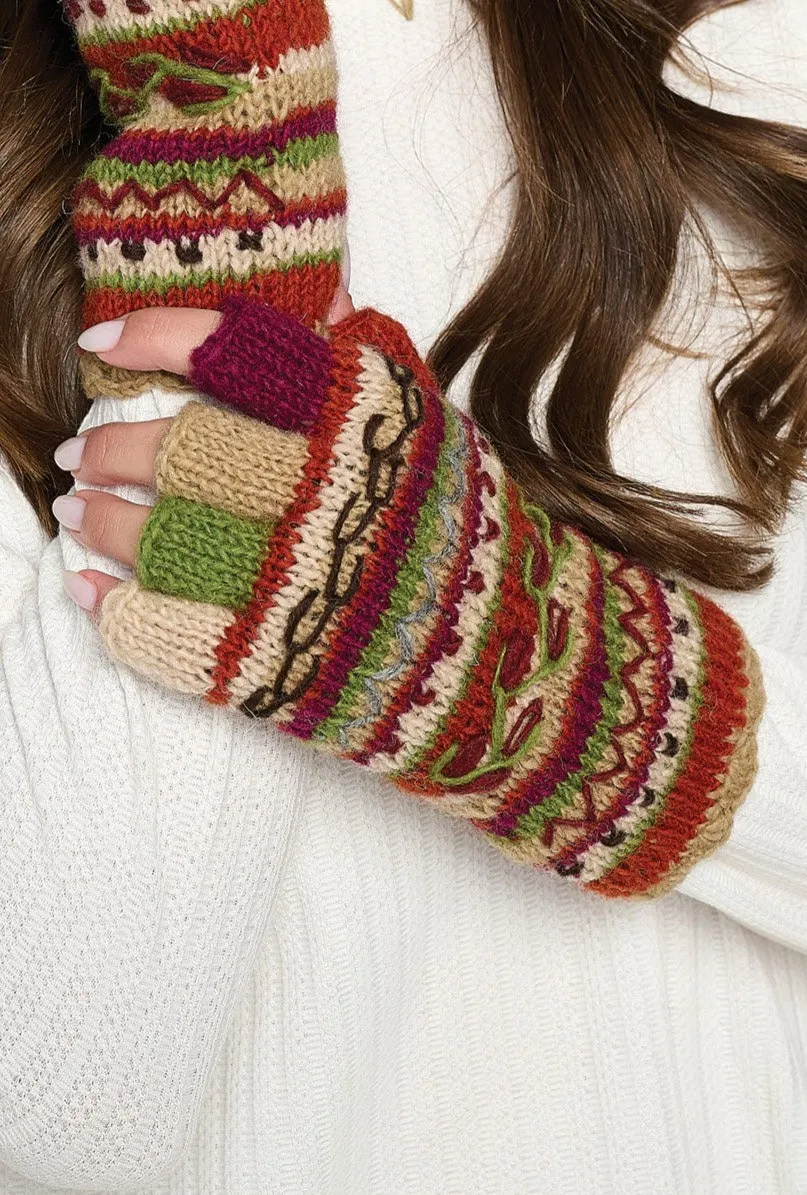 Knit Fingerless Gloves Striped Embroidery Details