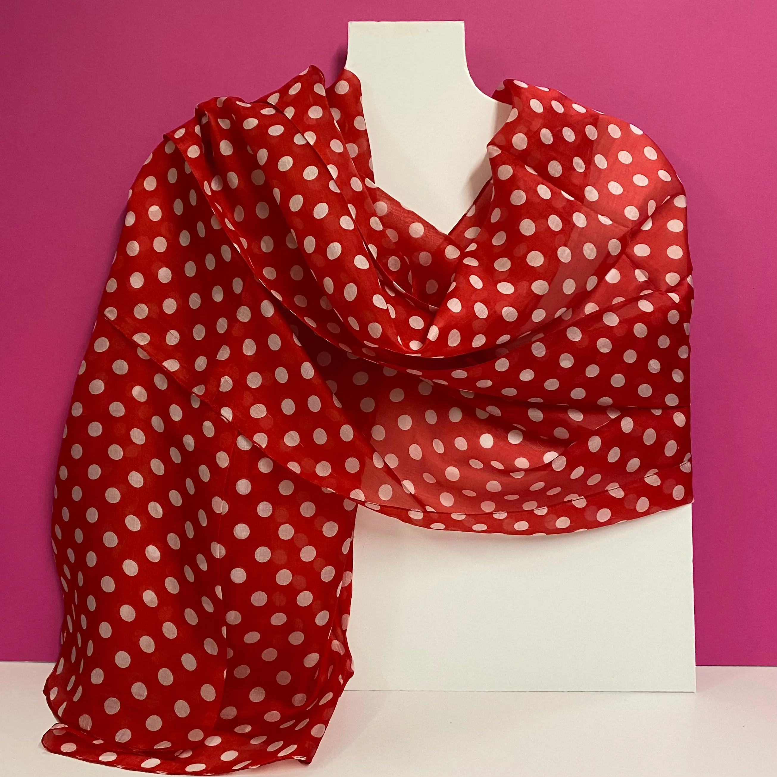 Long Silk Scarf - Red Polka Dot