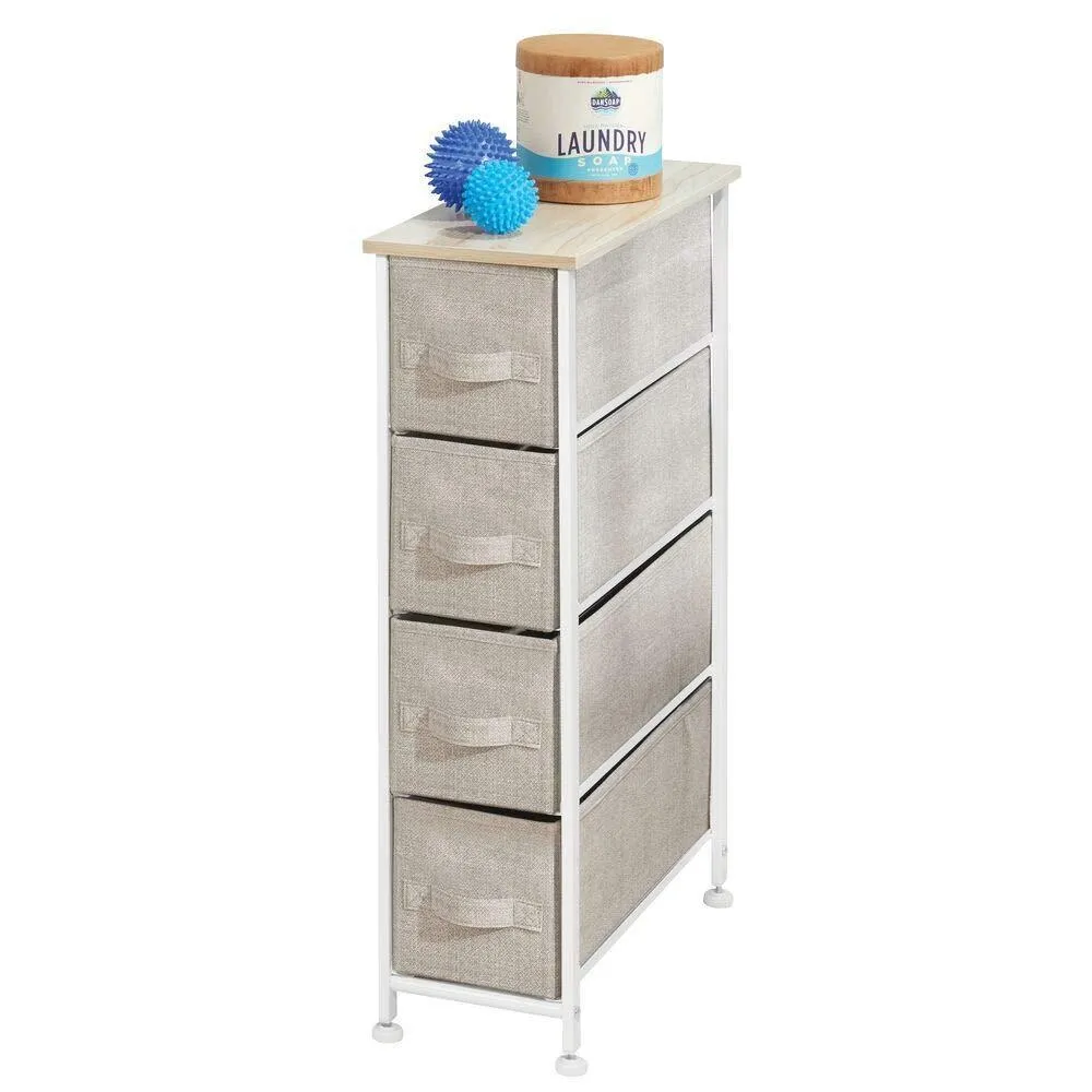 mDesign Narrow Vertical Dresser Storage Tower - Sturdy Frame, Wood Top, Easy Pull Fabric Bins - Organizer Unit for Bedroom, Hallway, Entryway, Closets - Textured Print, 4 Drawers - Light Tan/White