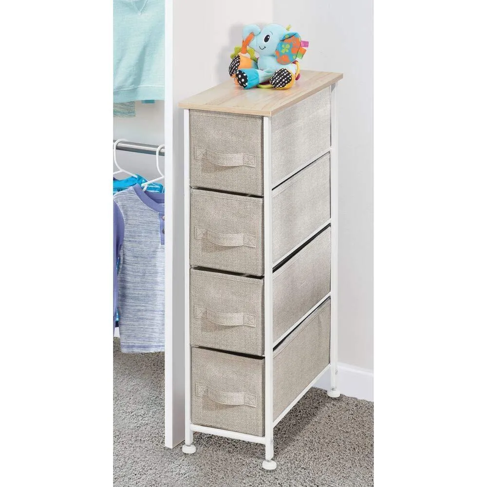 mDesign Narrow Vertical Dresser Storage Tower - Sturdy Frame, Wood Top, Easy Pull Fabric Bins - Organizer Unit for Bedroom, Hallway, Entryway, Closets - Textured Print, 4 Drawers - Light Tan/White