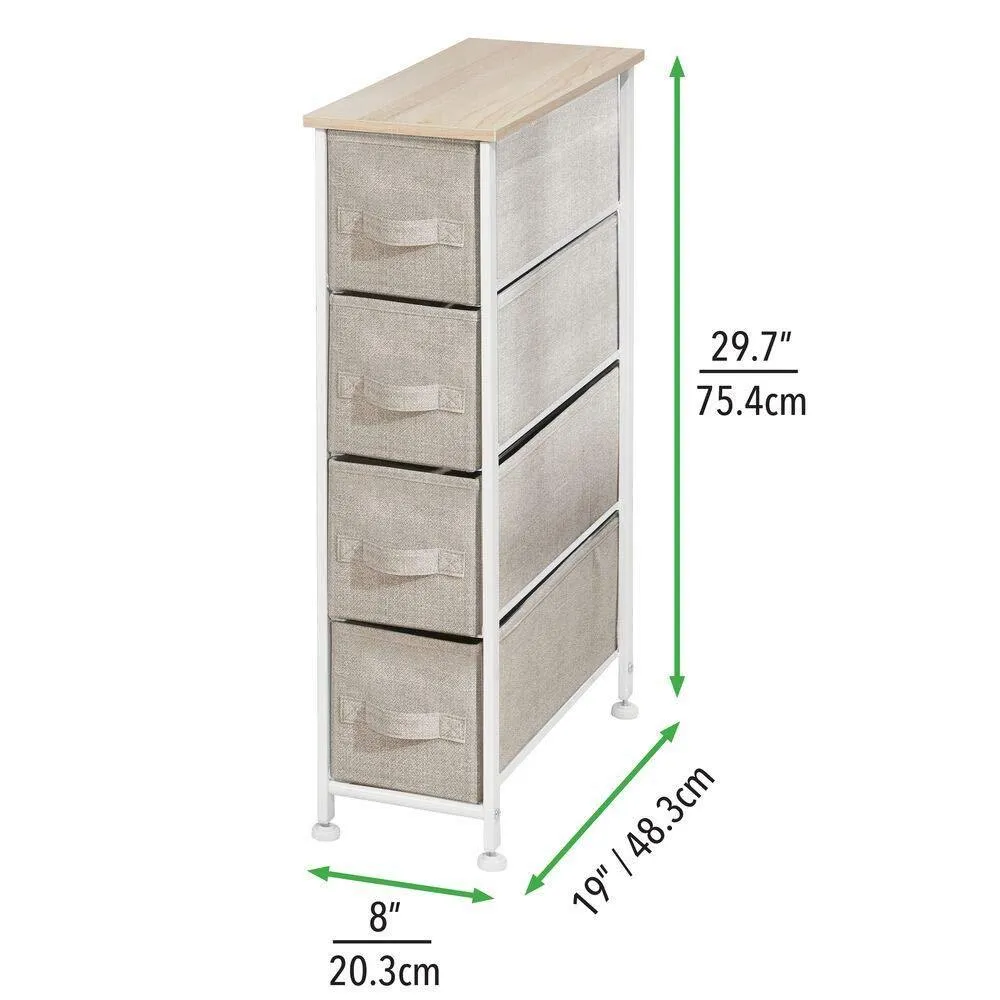 mDesign Narrow Vertical Dresser Storage Tower - Sturdy Frame, Wood Top, Easy Pull Fabric Bins - Organizer Unit for Bedroom, Hallway, Entryway, Closets - Textured Print, 4 Drawers - Light Tan/White