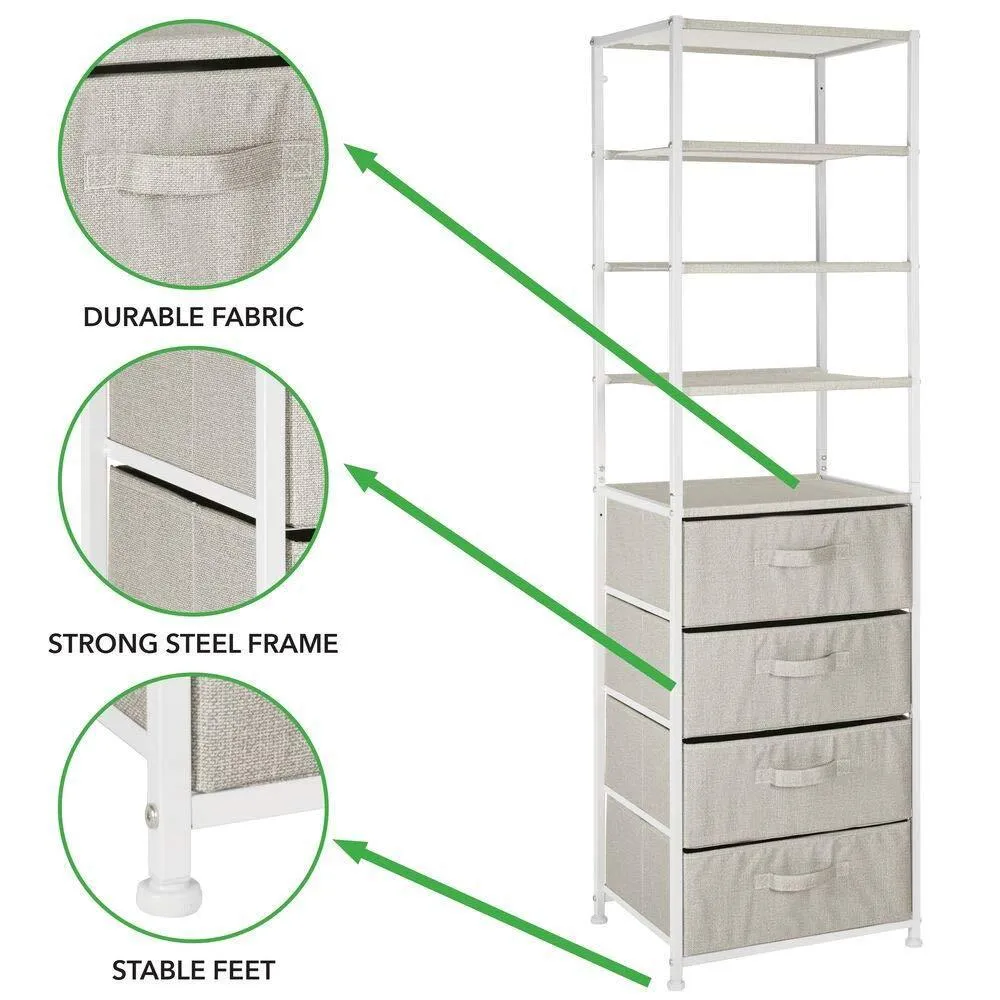 mDesign Vertical Dresser Storage Tower - Sturdy Steel Frame, Easy Pull Fabric Bins - Organizer Unit for Bedroom, Hallway, Entryway, Closets - Textured Print - 4 Drawers - 4 Shelves - Linen/Tan