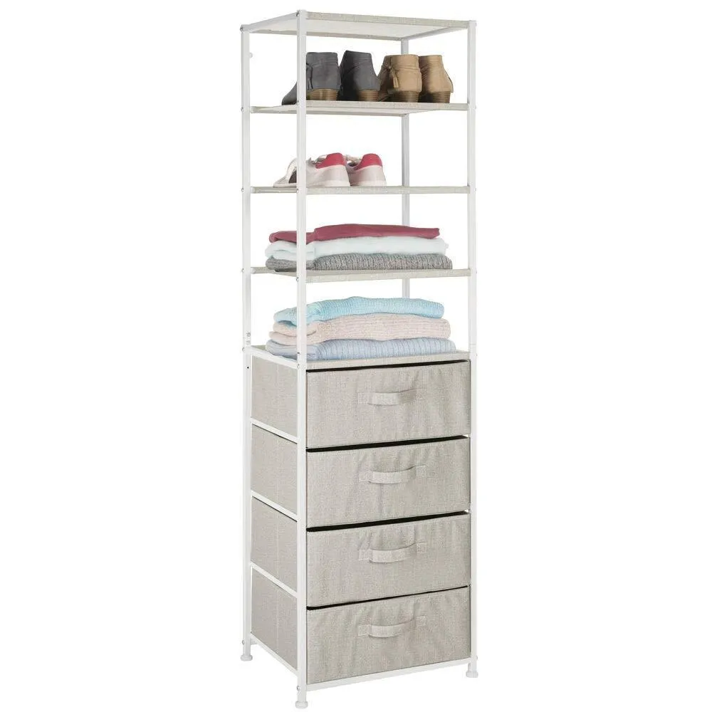 mDesign Vertical Dresser Storage Tower - Sturdy Steel Frame, Easy Pull Fabric Bins - Organizer Unit for Bedroom, Hallway, Entryway, Closets - Textured Print - 4 Drawers - 4 Shelves - Linen/Tan