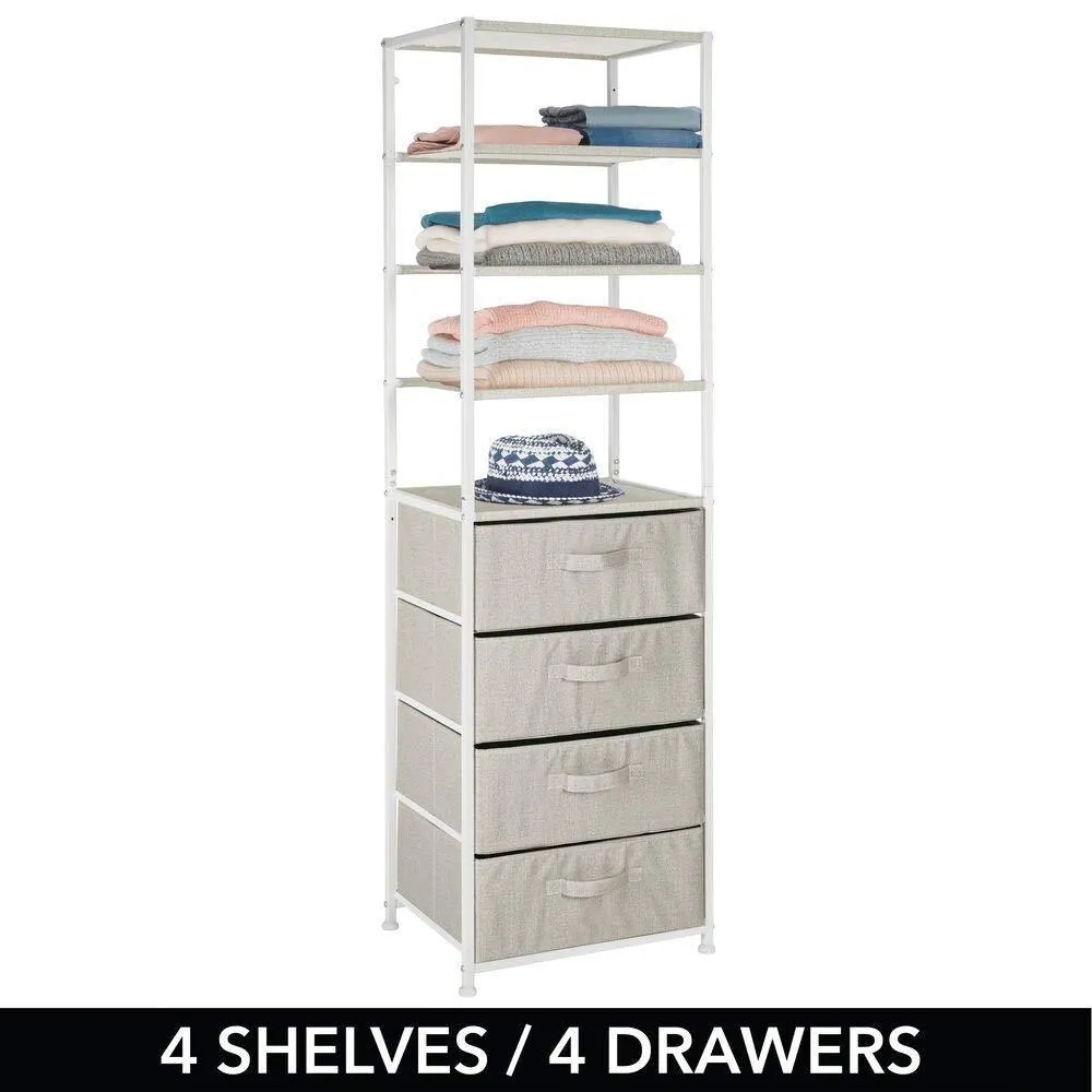 mDesign Vertical Dresser Storage Tower - Sturdy Steel Frame, Easy Pull Fabric Bins - Organizer Unit for Bedroom, Hallway, Entryway, Closets - Textured Print - 4 Drawers - 4 Shelves - Linen/Tan