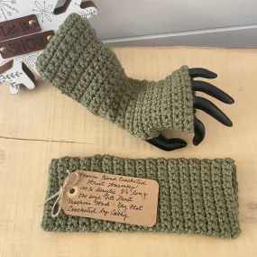 Moss Green Texting Fingerless Gloves Crochet Knit Fall Winter Hiking Walking Wrist Warmers Outdoor Camping Gaming Handmade Fashion Gift Women Accessory