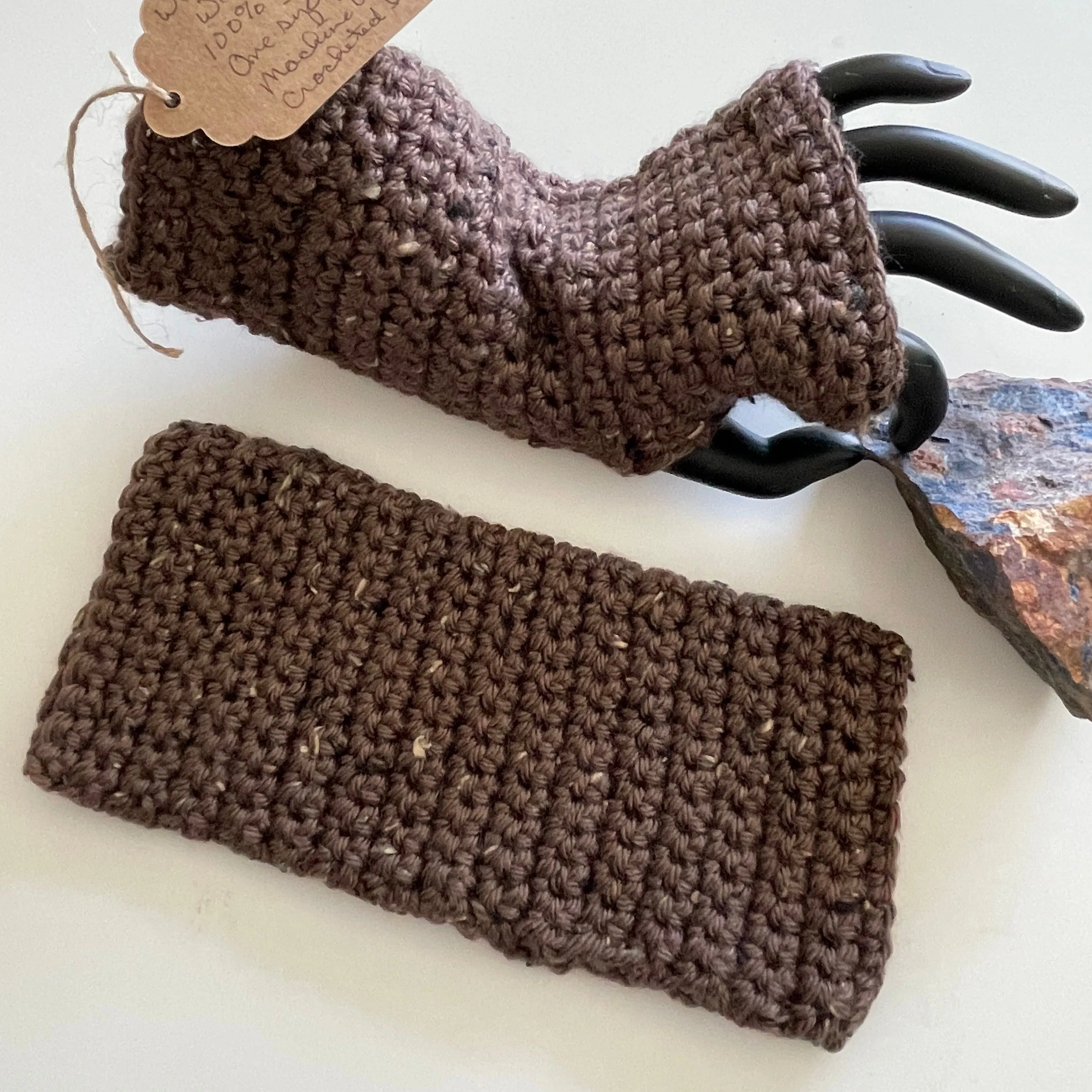 Narrow Extra Soft Dark Chocolate Speckled Tweed Gaming Texting Writing Tech Fingerless Gloves Wrist Warmers Fall Winter Small Women Teen Handmade Fashion Gift Accessory