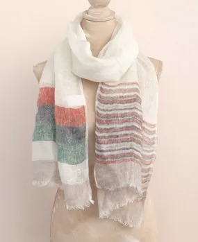 Off White Linen Scarf With Border Stripes