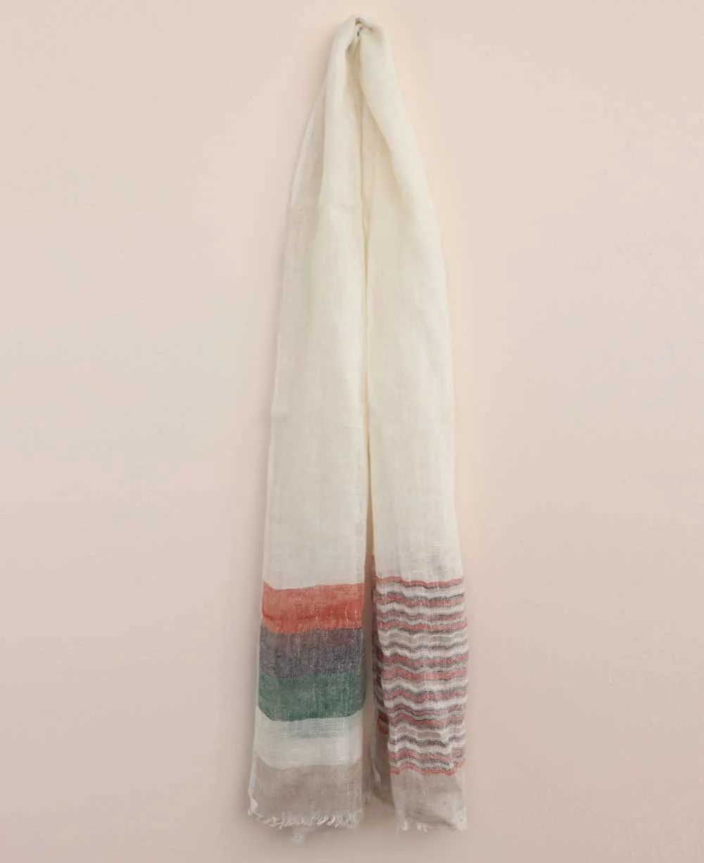 Off White Linen Scarf With Border Stripes