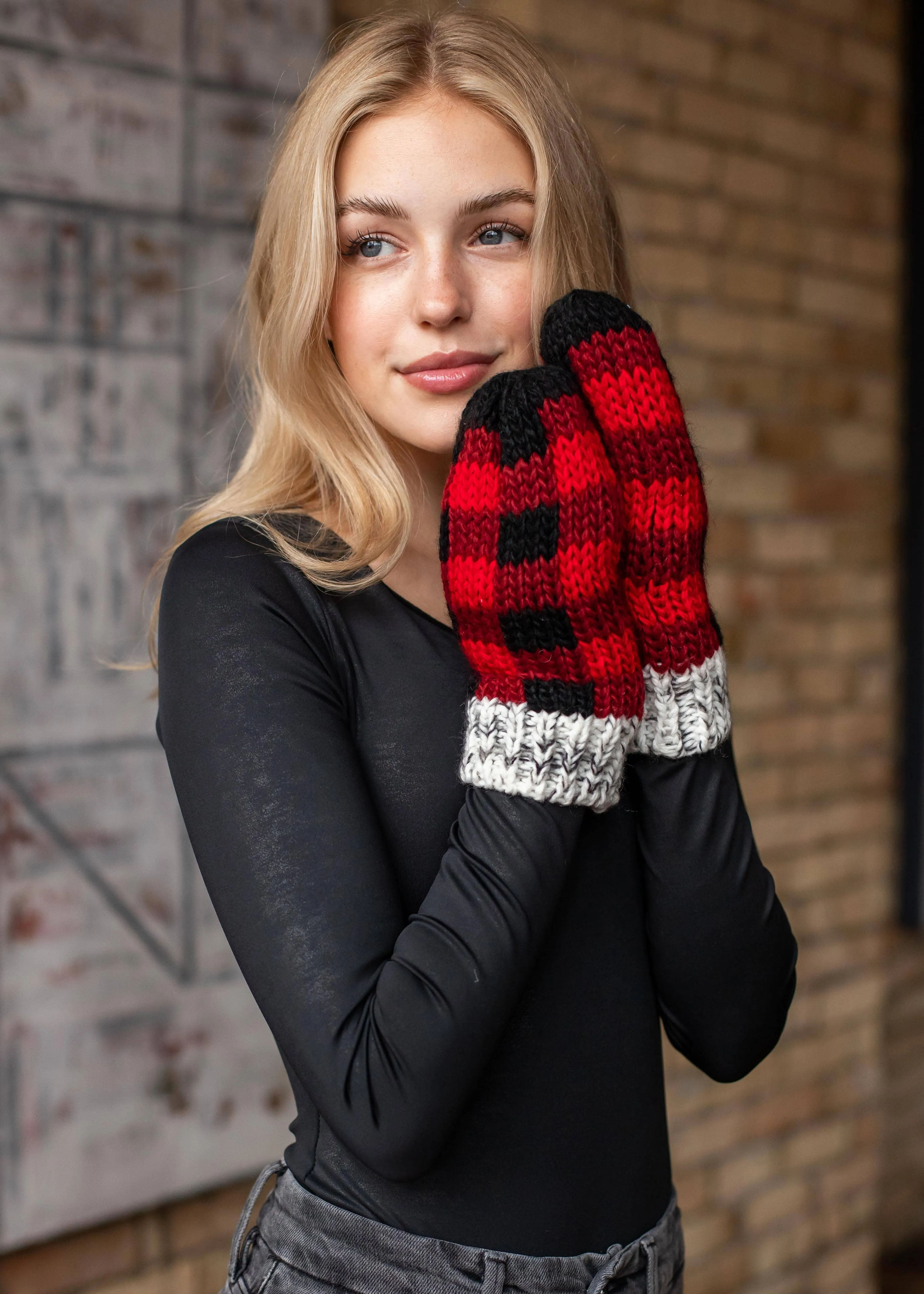 Red Buffalo Plaid Mittens w/ Grey Trim