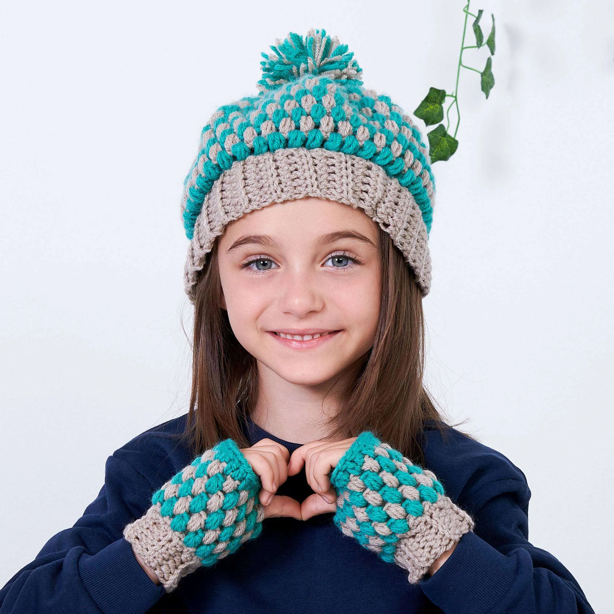 Red Heart Crochet Mom n' Me Puff Hat and Fingerless Gloves