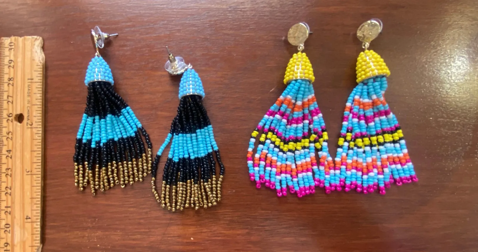 Set of 2 Seed Bead Tassel Pierced Statement Earrings Colorful