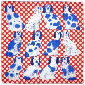 Square Silk Scarf (90cm) - Pottery Dogs Red/White/Blue