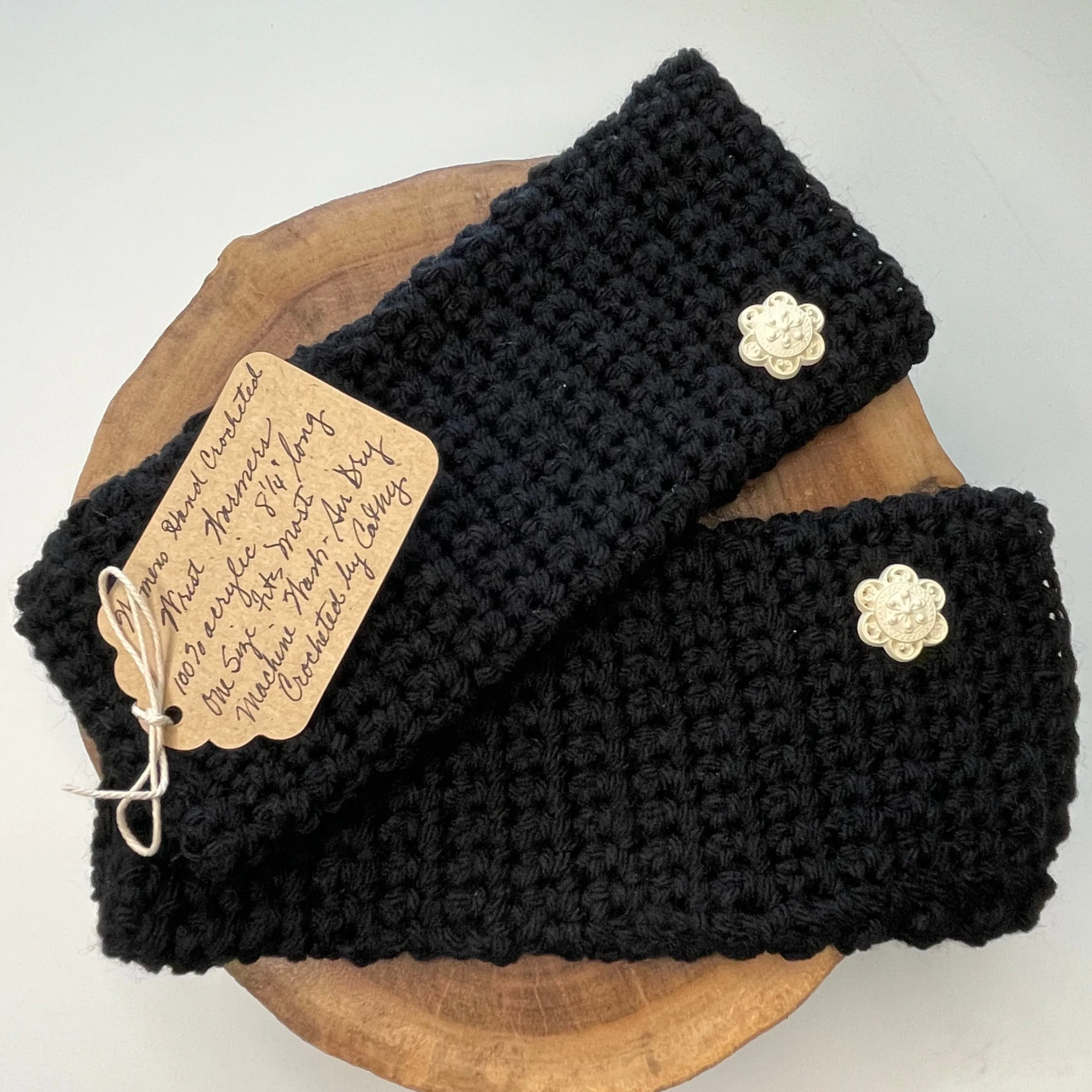 Texting Tech Wrist Warmers Solid Black Ivory Cream Flower Button Crochet Knit Fall Winter Writing Gaming Fingerless Gloves Embellished