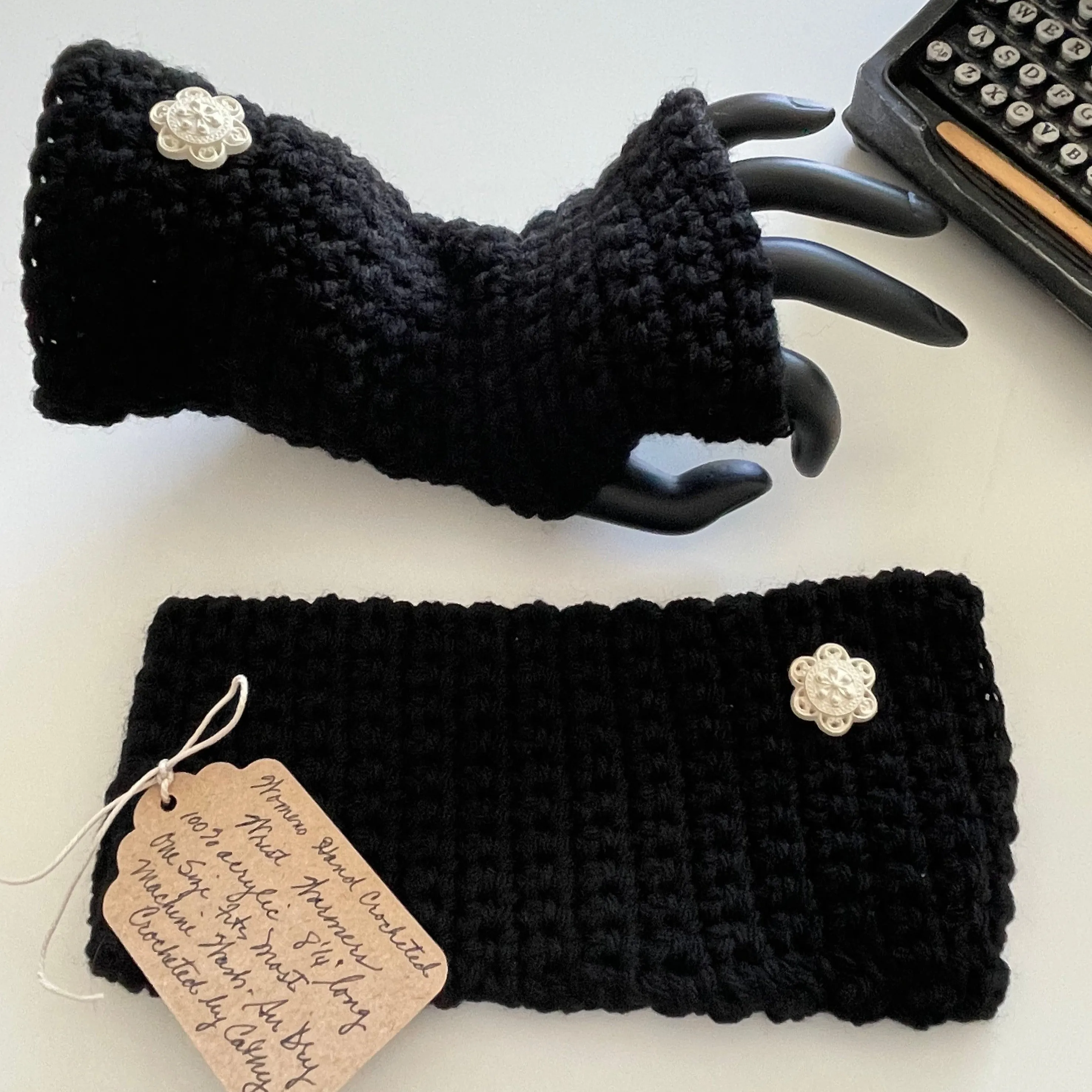 Texting Tech Wrist Warmers Solid Black Ivory Cream Flower Button Crochet Knit Fall Winter Writing Gaming Fingerless Gloves Embellished