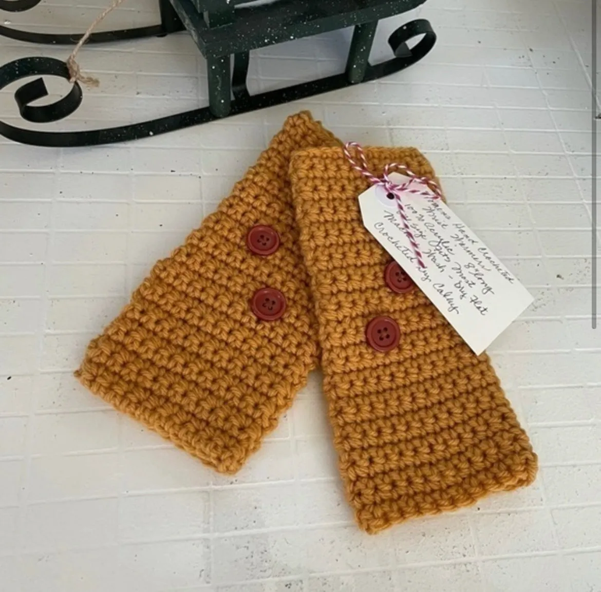 Texting Tech Wrist Warmers Sunflower Mustard Yellow & Maroon Button Crochet Knit Outdoor Gaming Fingerless Gloves Embellished