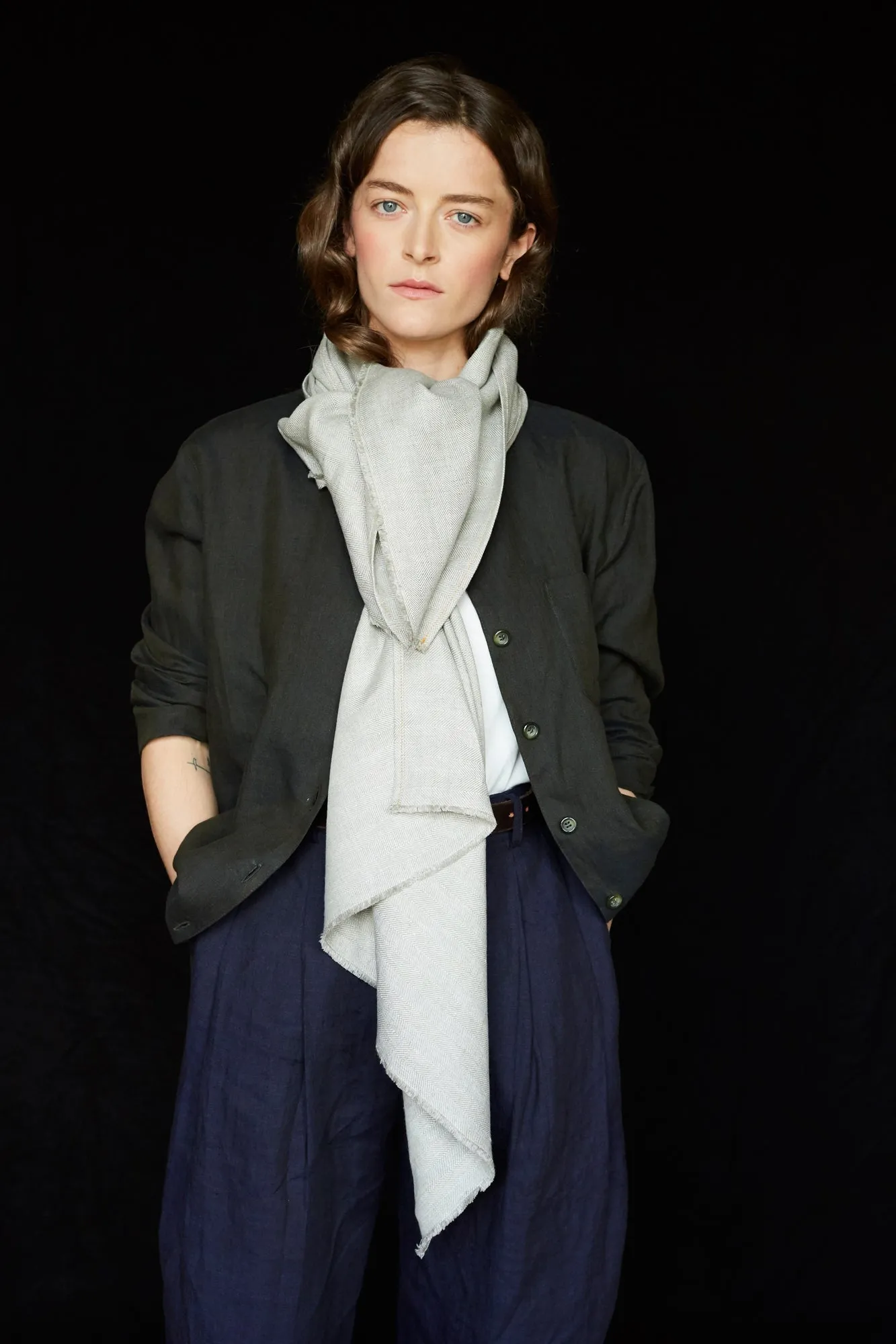 The STABLE Irish Linen Scarf - Dove Grey Great Herringbone