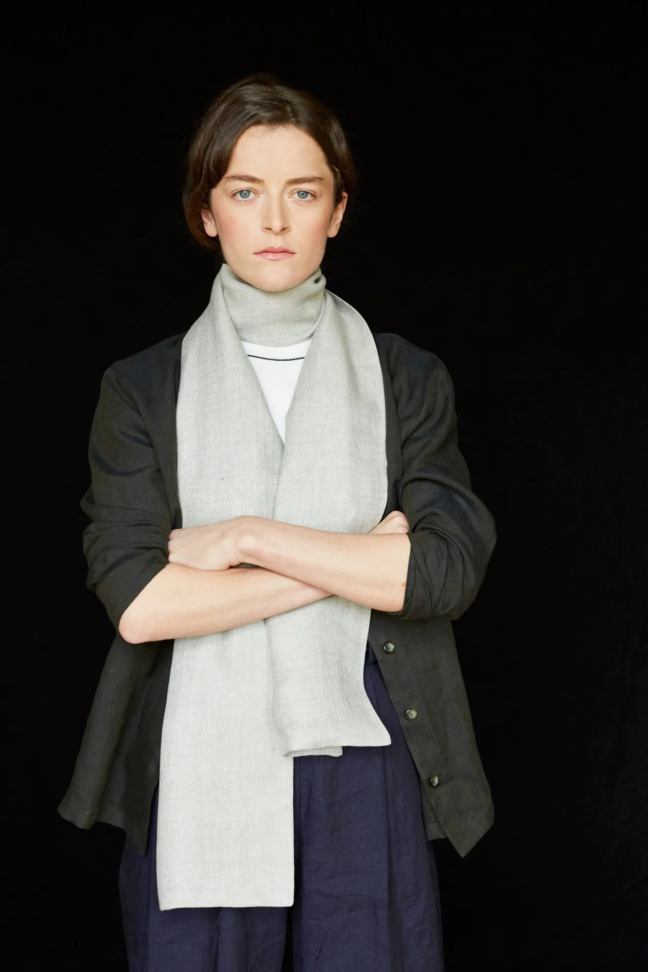 The STABLE Irish Linen Scarf - Dove Grey Great Herringbone