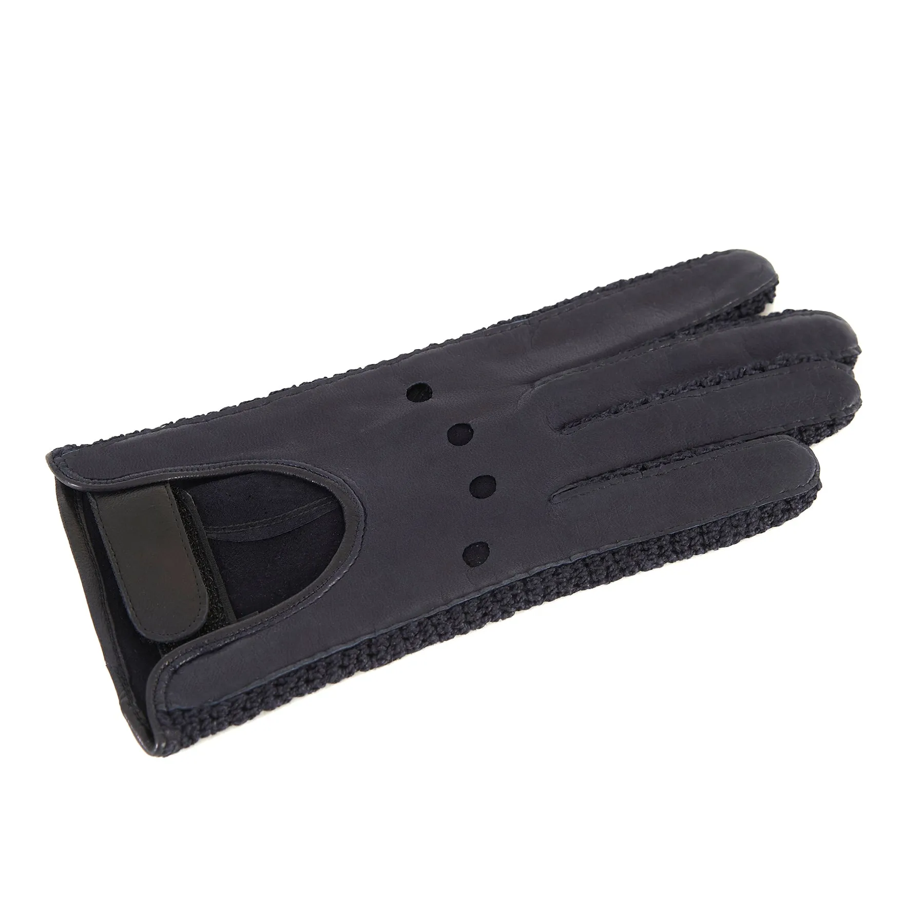 Women's driving gloves in blue navy nappa leather with holes on the knuckles and crochet finger inserts