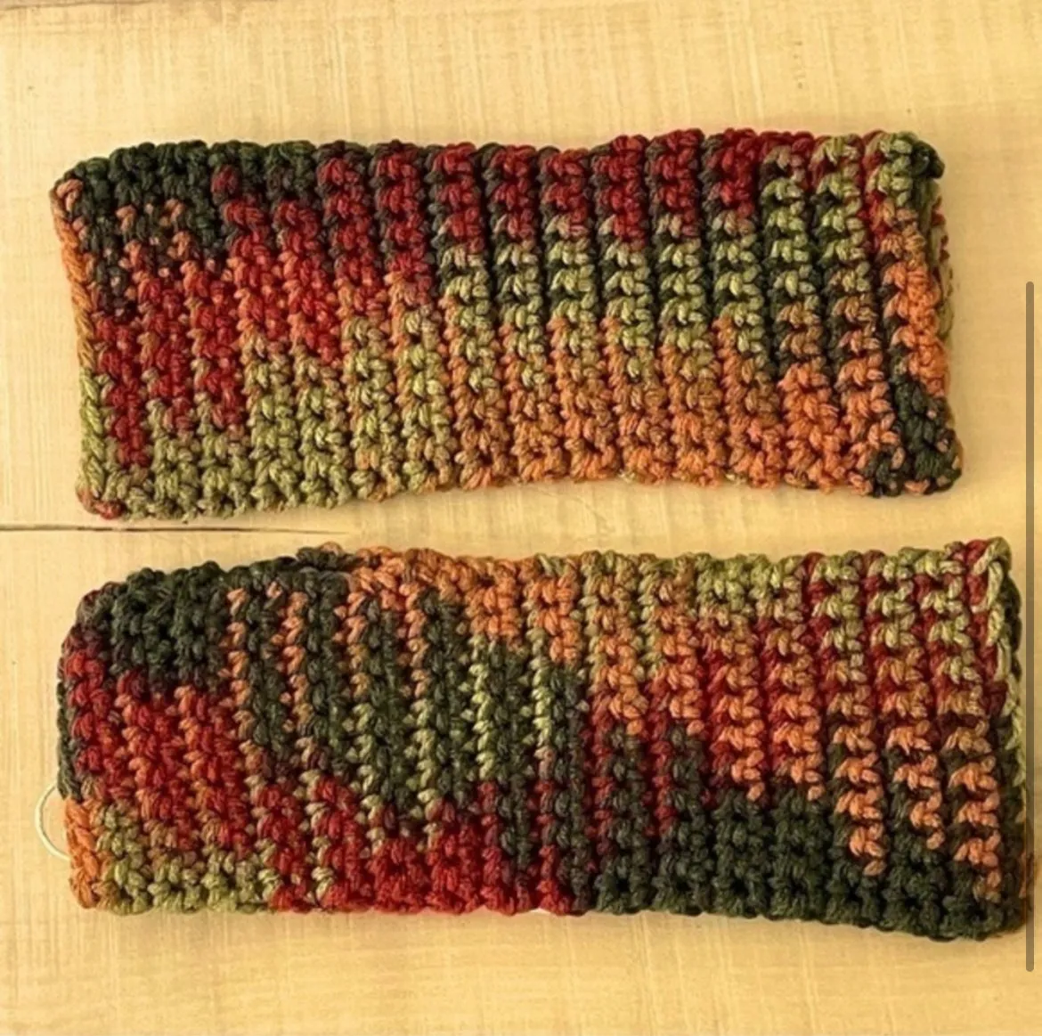 Writing Tech Fingerless Gloves Autumn Whimsy Marbled Orange Brown Green Crochet Knit Fall Winter Gaming Texting Wrist Warmers